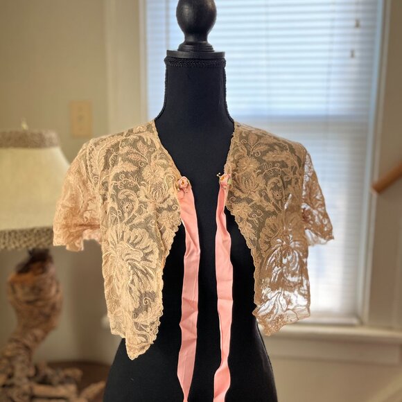 vintage coquette babydoll rosette fairy bow boudoir shrug crop lace jacket - Picture 6 of 7